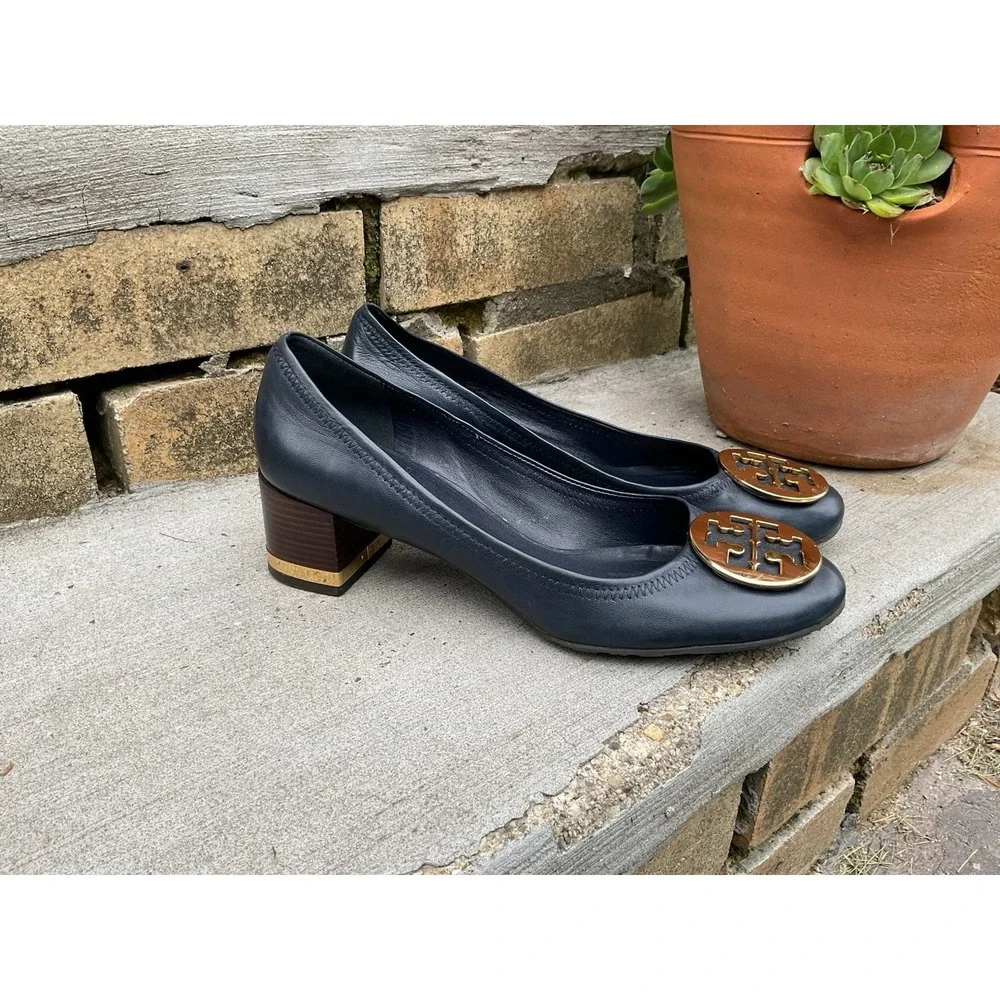 Tory Burch Reva Block Heel Pumps Navy Leather Gold Hardware Women's Size 9